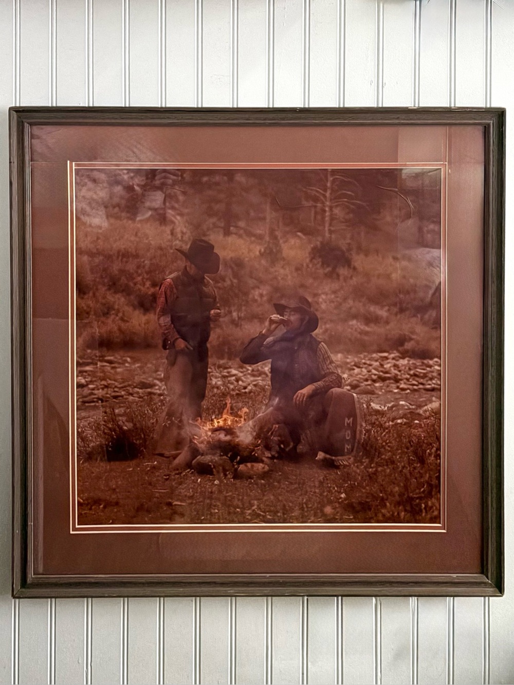 Vintage Western Cowboy Campfire Framed Photograph VTG Collectible 80s Mountains